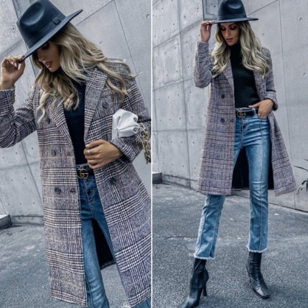 Comfy plaid trench fall button pea coat jacket